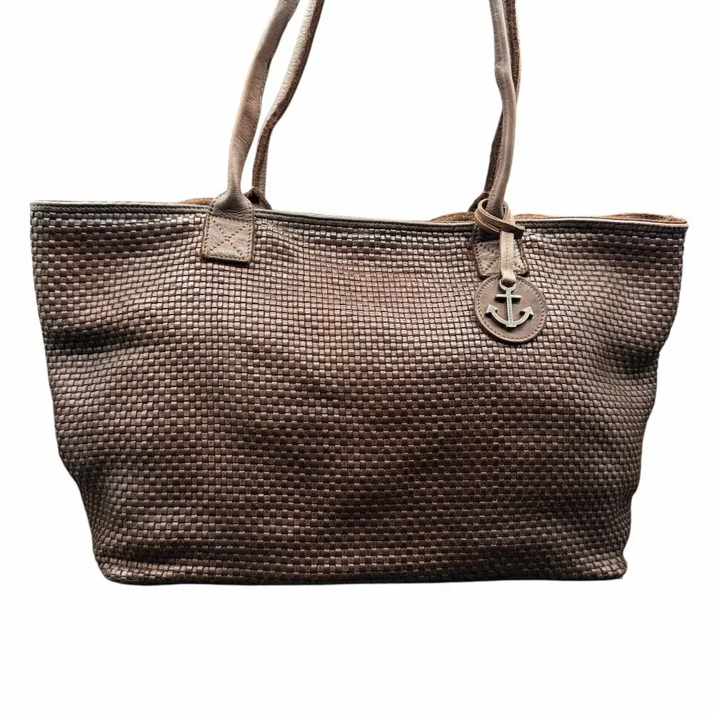 Harbour 2nd Brown Woven Leather Tote Shoulder Bag Anchor Charm
